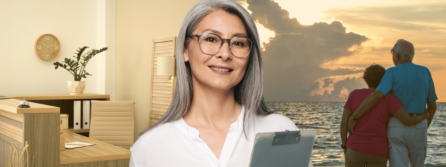 Woman in glasses holding clipboard