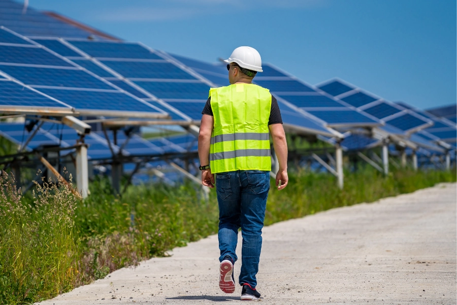 Man walking past solar panels