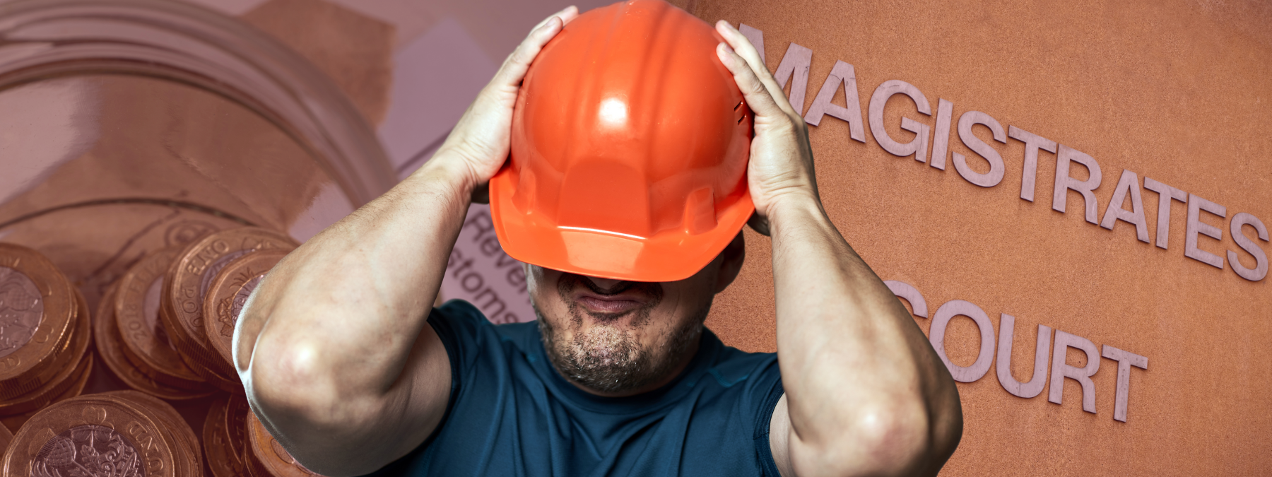 Builder covering face with hard hat